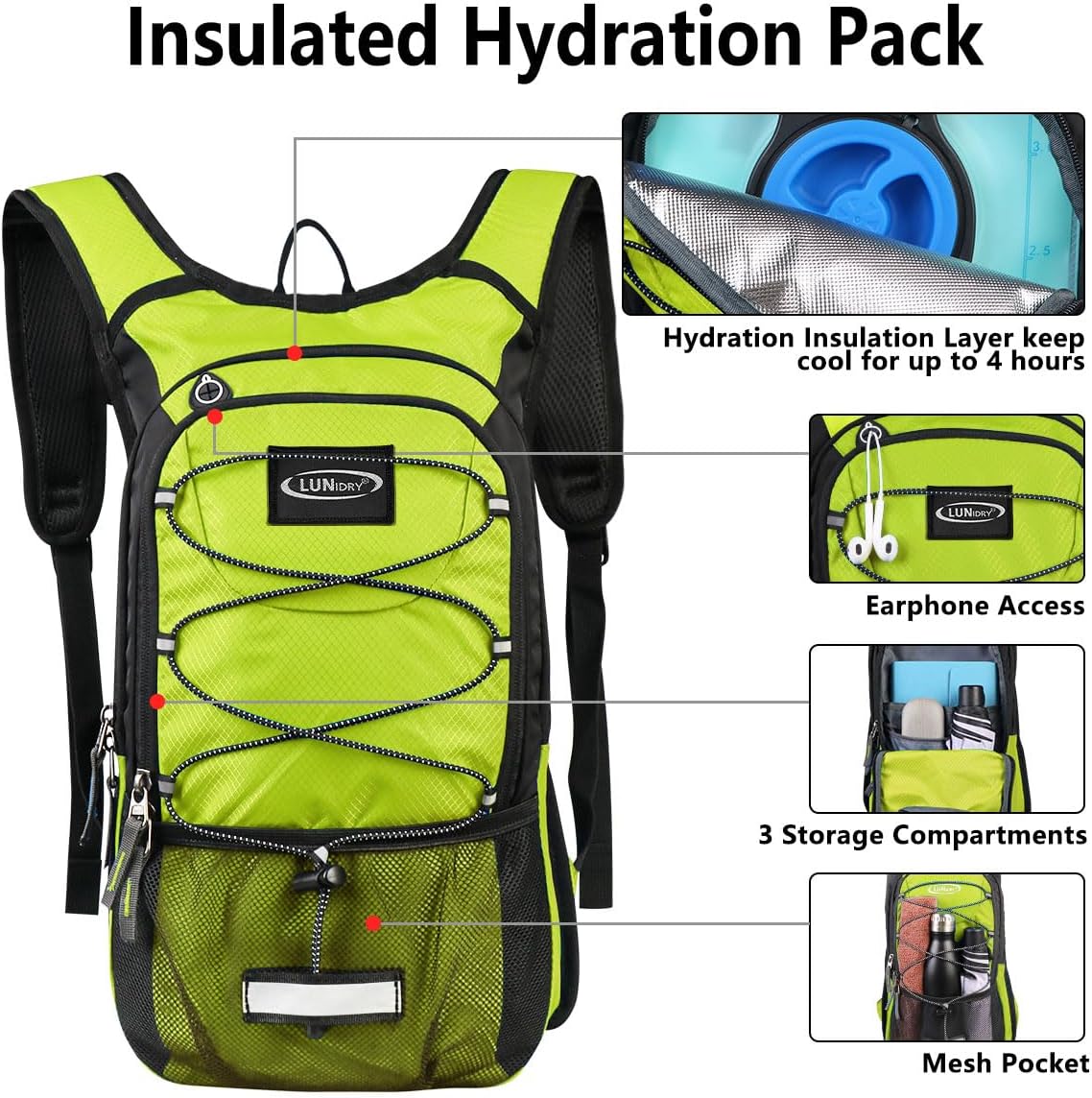 Insulated Hydration Pack Backpack with 3L BPA Free Leak-Proof Water Bladder, Keep Liquids Cool for Up to 5 Hours, Daypack for Hiking, Running, Cycling, Hunting, Climbing