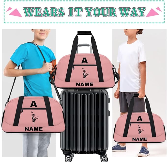 Personalize-Kids-Sports-Duffel-Bags With Custom Name Text Carry-On Overnight Travel Gym Lightweight Dance Pattern Sports Bags For Girls Boys Kids,Pink 3