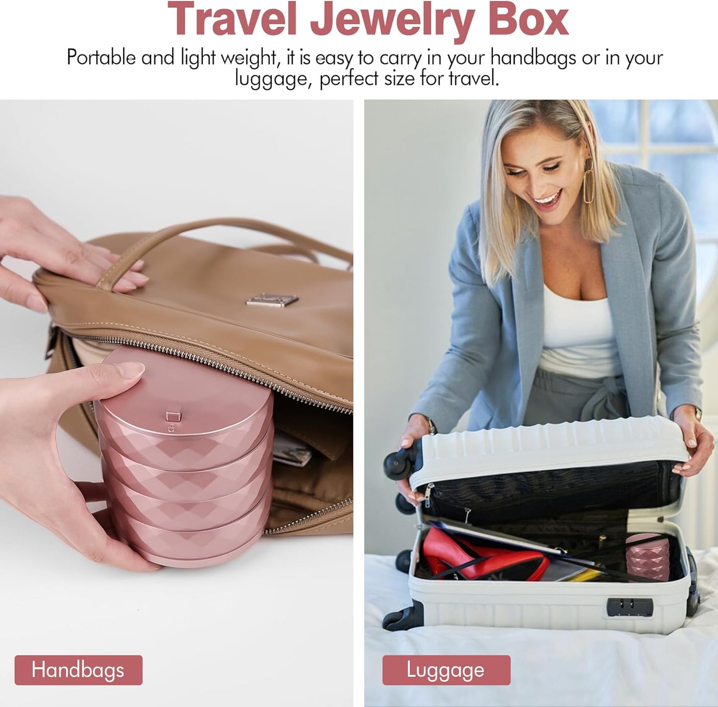 CONBOLA Travel Jewelry Case Box, Small Jewelry Organizer Earring Holder for Women, 5-Layer Rotating Jewelry Storage Tray with Lid for Bracelets Rings Bracelets