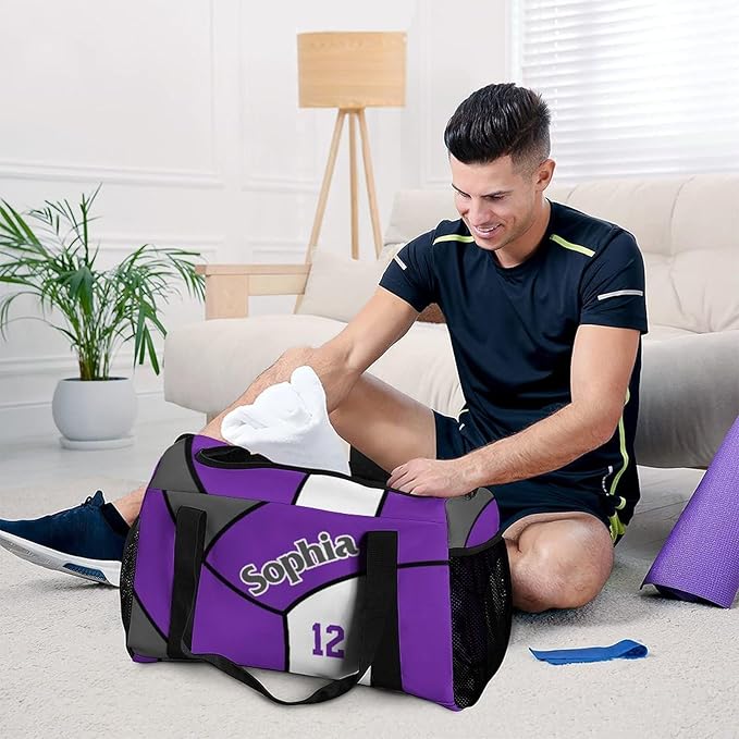 Custom Volleyball Purple Duffel Bag with Name Personalized Travel Bags Sport Gym Bag Carry On Weekender Bags for Men Women