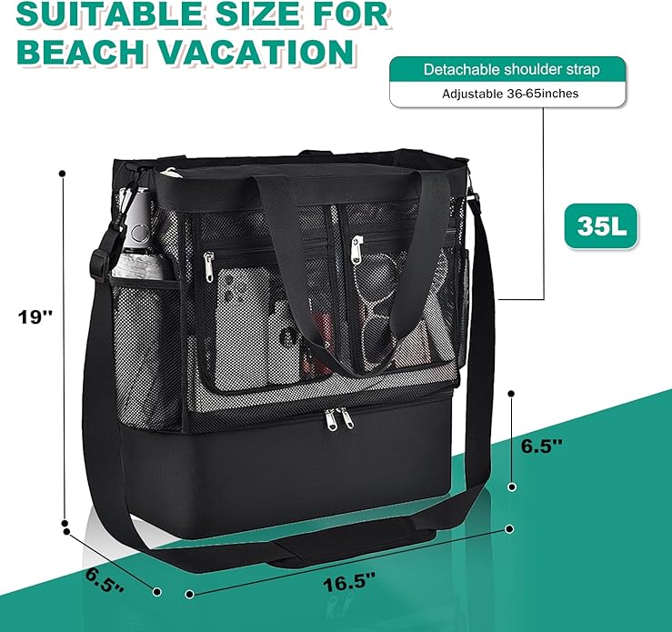 Beach Bags for Women, Large Beach Tote Bag Waterproof Mesh Swim Pool Bag with Cooler for Travel Vacation Essentials