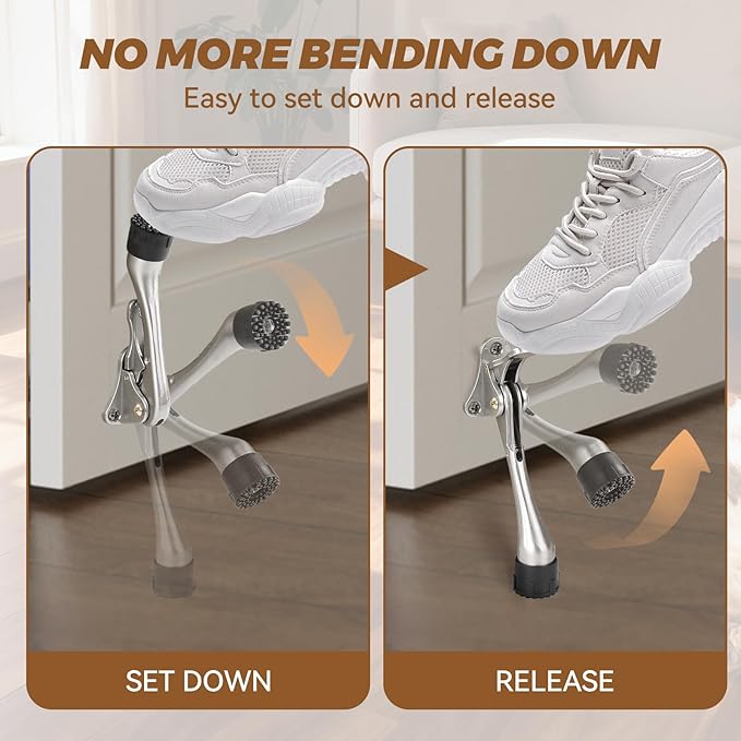Kickdown Door Stopper 5Inches - 2 Packs One Touch Adjustable Height Door Stop for The Bottom of Door The Bottom of Door Aluminum Alloy Metal Door Stopper with Rubber Tip Silver Gray