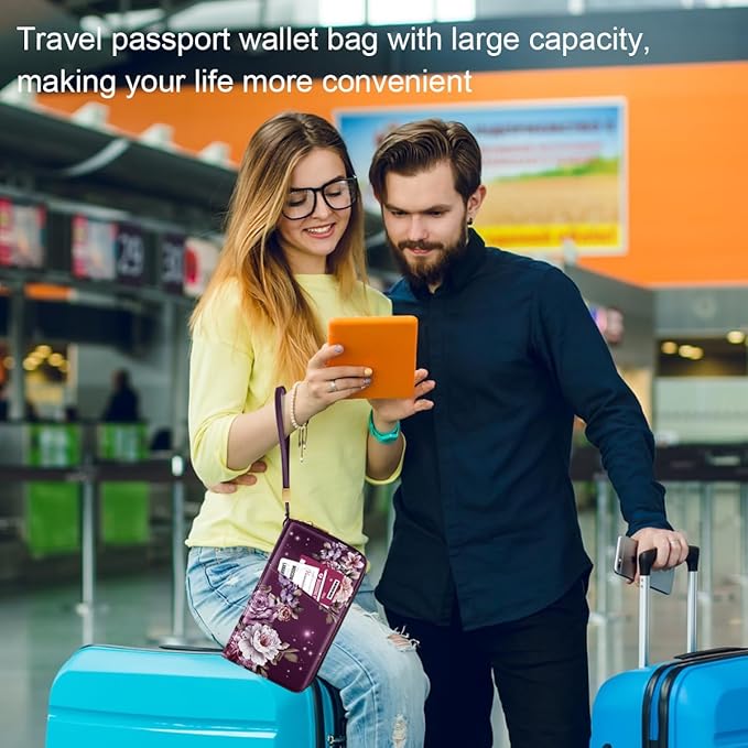 Family Passport Holder Wallet RFID Blocking Document Organizer PU Leather Mulit-purpose Travel Wallet Credit Cards Case for Women Men,Purple Flowers