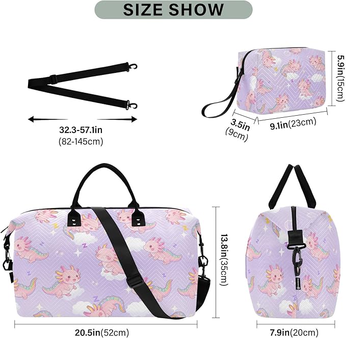 Travel Duffle Bag, Sleep Axolotl Pattern Gym Bag with Storage Bag Weekender Overnight Bag for Men Women Trip Sports Yoga