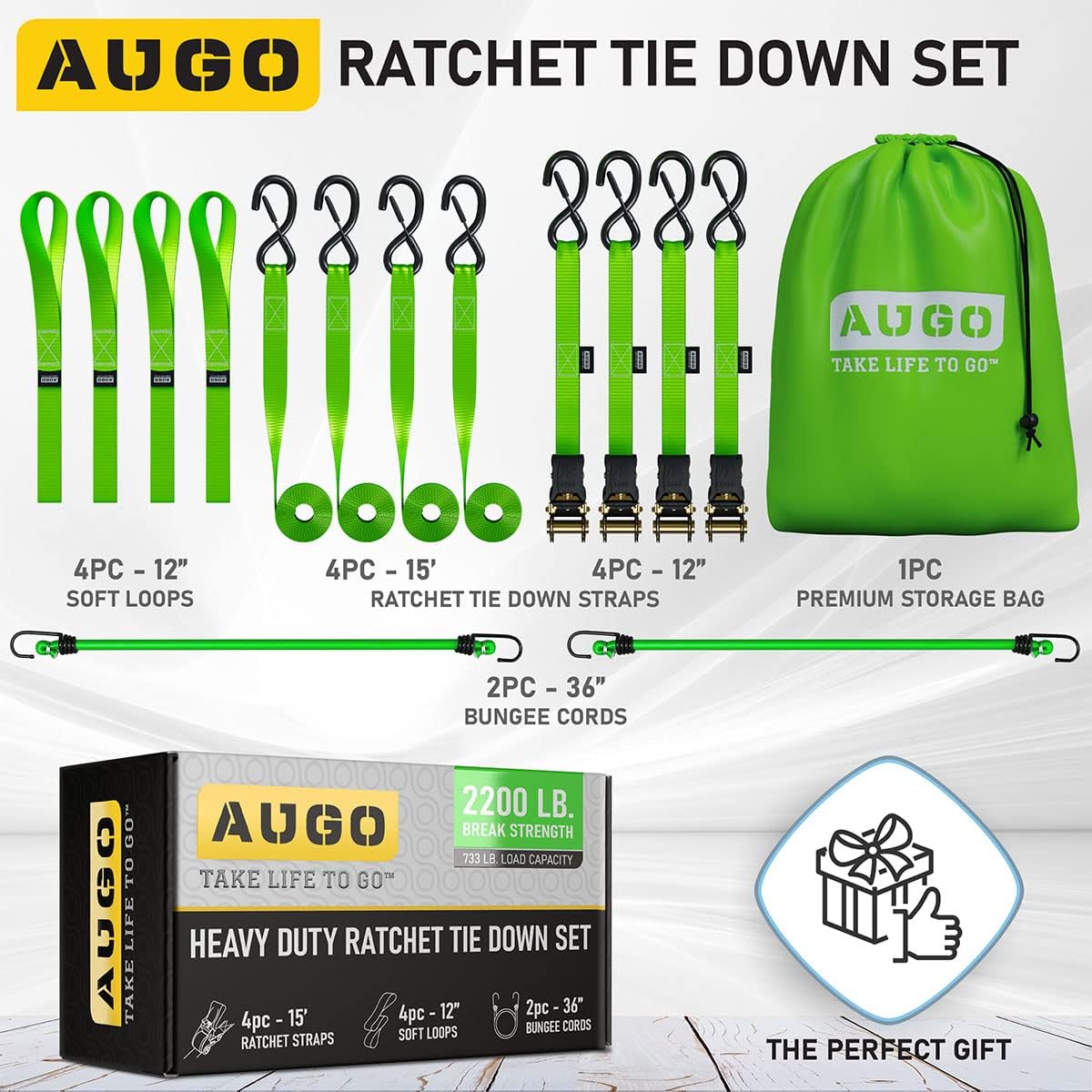 AUGO Ratchet Straps Heavy Duty 4 Pack -15 FT - 2200 LB Break Strength – with Safety Lock S Hooks - Cargo Straps for Moving, Appliances, Motorcycle – Soft Loop Tie Down Straps