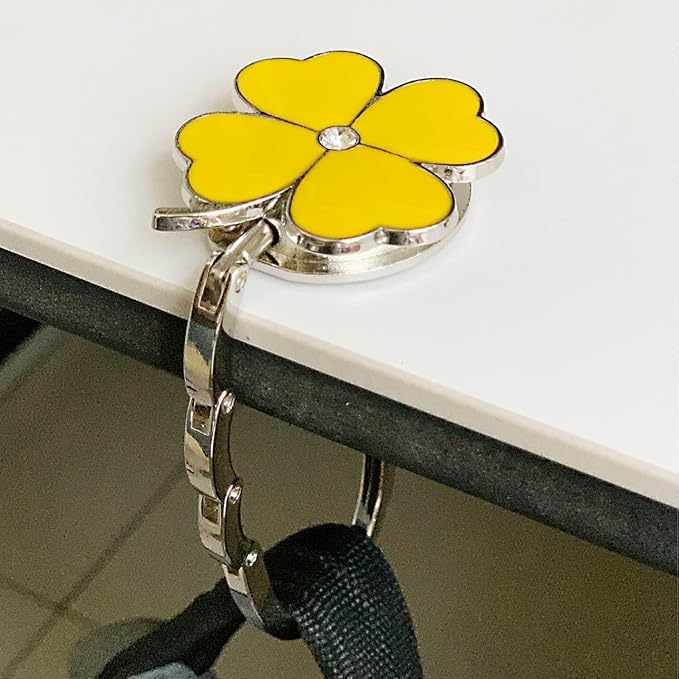 Four Leaf Clover Design Foldable Handbag Hanger Folding Purse Table Hook Holder (Yellow)