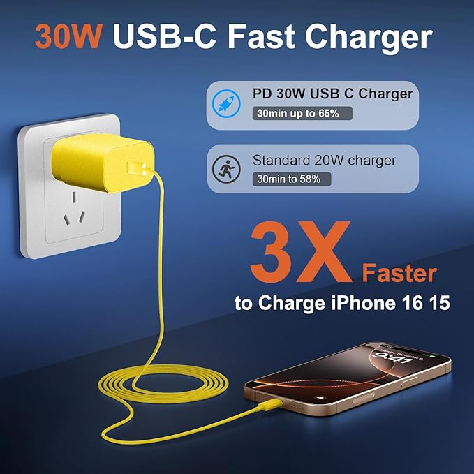 iPhone 16 15 17 Pro Max Charger 30W Type C Chargers USB C Fast Charger Block iPhone 16 Chargers Fast Charging with 10FT C Charging Cable for iPhone 17/17 Pro Max/16/16 Pro Max/15/15 Pro/iPad/Samsung