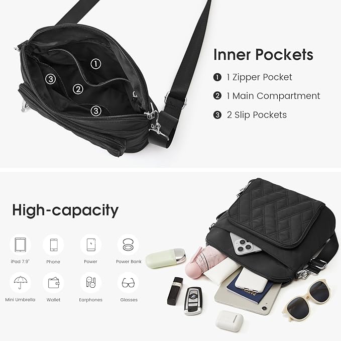 G4Free Anti-Theft Crossbody Bags for Women, Lightweight Nylon Shoulder Purse Medium Handbags for Travel Work-Black