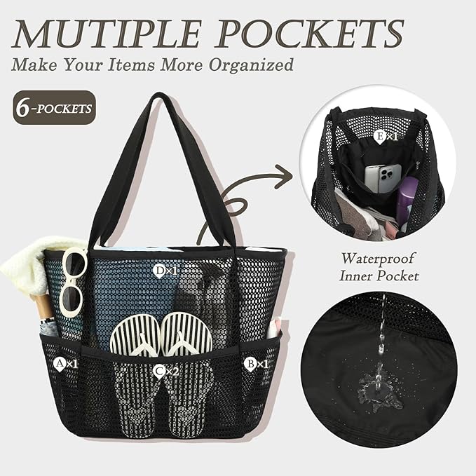 Beach Bag for Women with Outer Pocket, Waterproof Large Tote Bag for Cruise Essentials