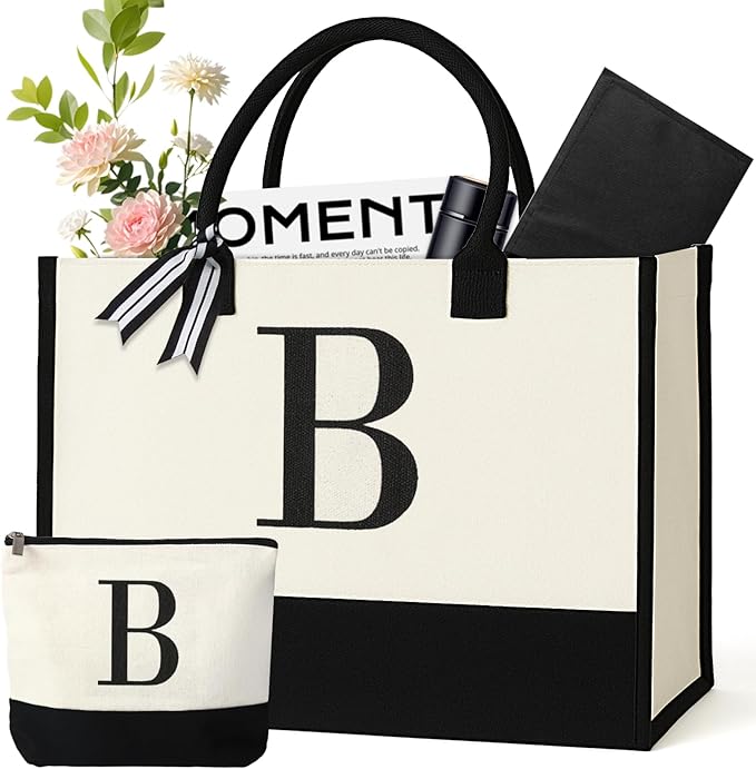 Personalized Canvas Tote Bag for Women Makeup Pouch Initial Beach Bag Removable Bottom Board for Travel Birthday