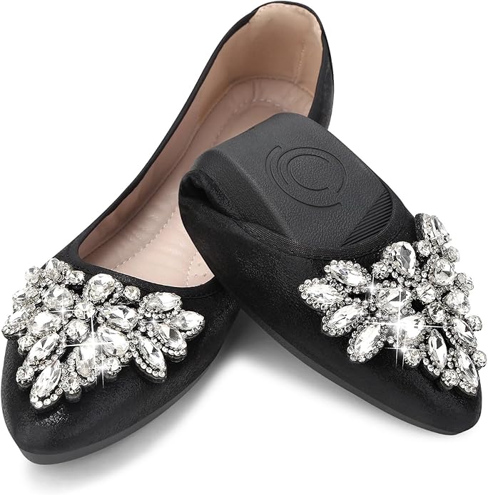 KUNWFNIX Women Ballet Flats Rhinestone Wedding Ballerina Shoes Foldable Sparkly Comfort Slip on Flat Shoes
