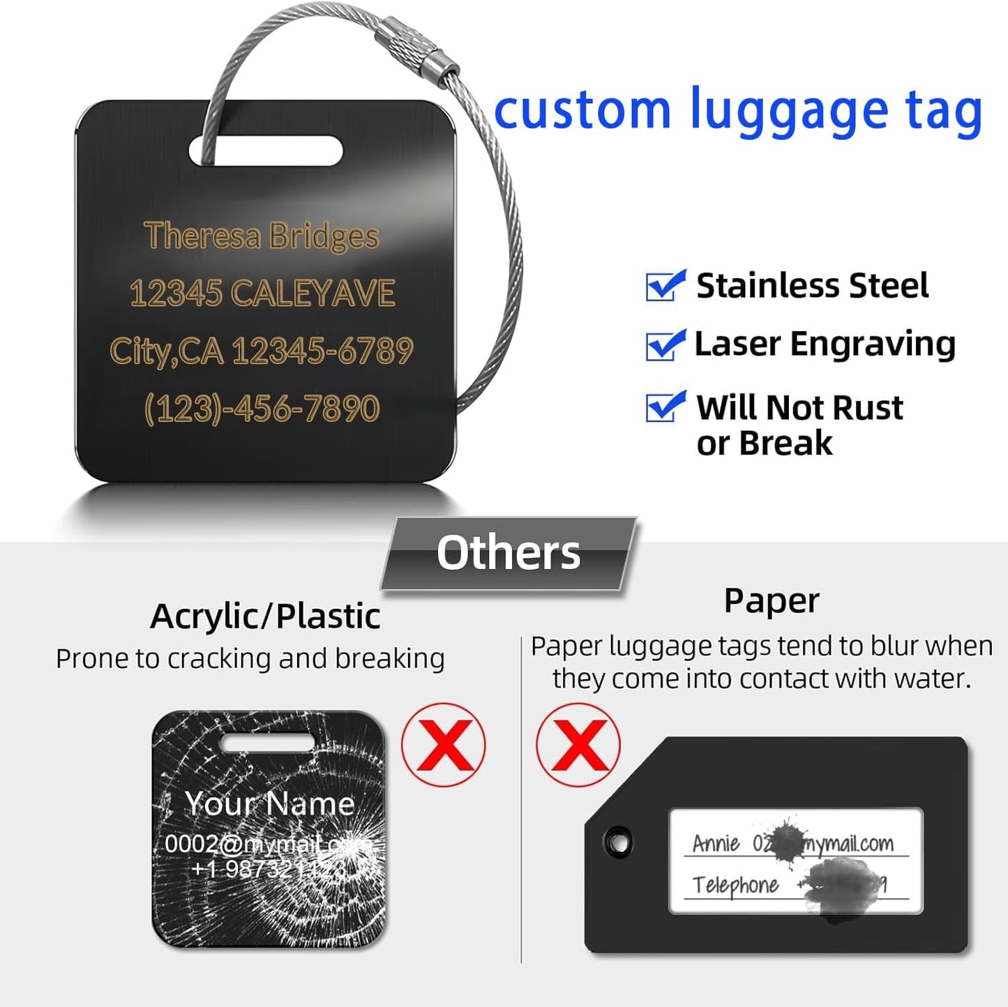 (5Pack Made in USA) Custom Personalized Luggage Tags-Customized Unique tag for Suitcase Backpack Travel,Bags (Black (2 × 2))