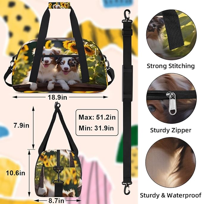 Travel Duffle Bag, Puppies By Sunflowers Waterproof Weekender Overnight Bags for Women Men Lightweight Carry on Duffle Gym Bag for Travel, Sports, Fitness, Workout