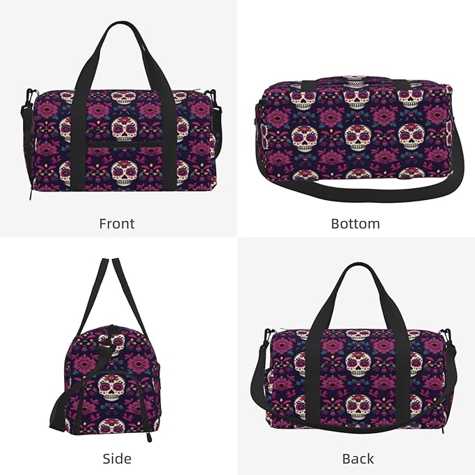 Sports Gym Bag Mexican Sugar Skulls Ethnic Flower Travel Duffel Bag With Shoe Compartment Shoulder Strap, Lightweight Water-Resistant Weekend Overnight Totes For Women Men