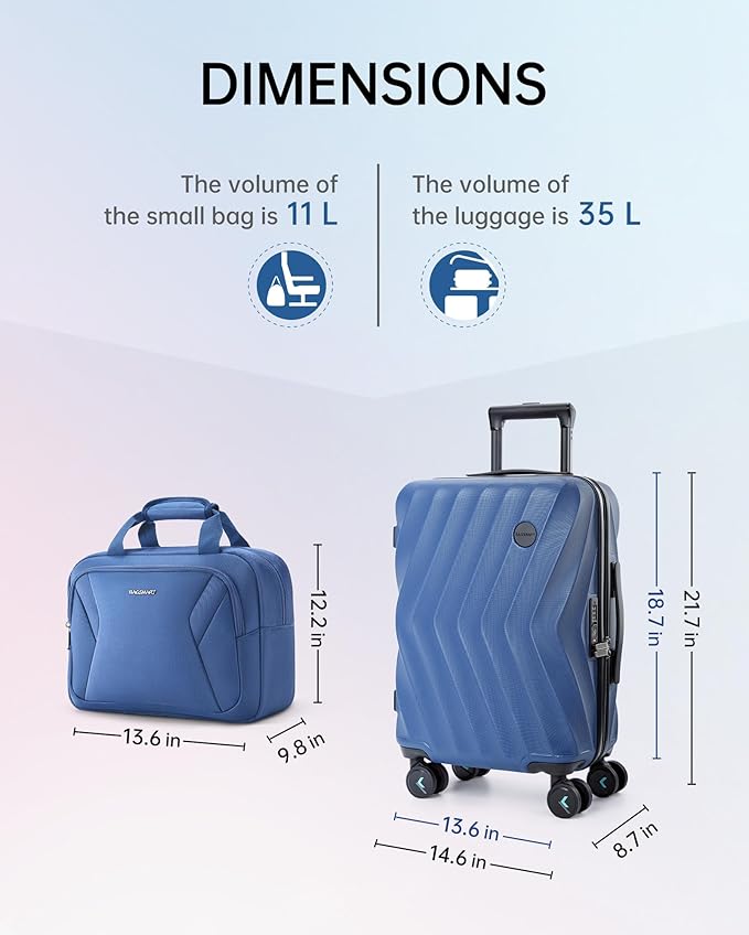 BAGSMART 2 Piece Carry On Luggage Set, PC Hardside Suitcase Airline Approved, 20 Inch Spinner Wheels Travel Luggage Hard Shell with Duffle Bag for Men Women, Blue