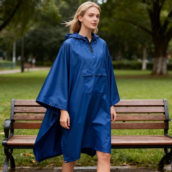 Hooded Rain Poncho for Adults - Waterproof Rain Coat and Lightweight Jacket 3-in-1 Multi-Function with Pockets