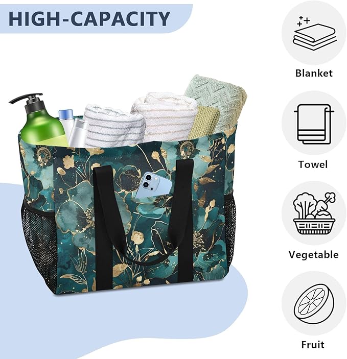 Bolaz Travel Tote Bag，Gym Bag for Men,Waterproof Beach Bag for Women Foldable Reusable-Watercolor Flower Green Gold Pattern
