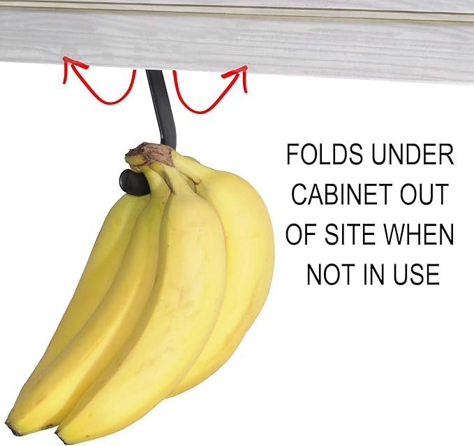 Gadjit Banana Hook Under Cabinet Hanger Ripens Bananas with Less Bruises, Folds up Out of Sight When Not in Use, Saves Countertop Space, Self-Adhesive + Pre-drilled Screw Holes (Black)