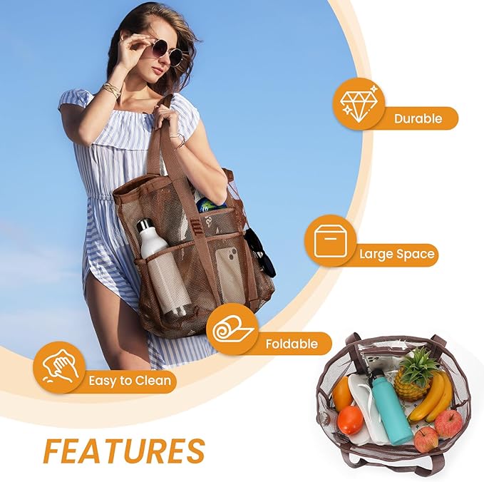Tavaleu Mesh Beach Bag - Large Beach Tote with Multi Functional Pockets for Family Travel/Vacation