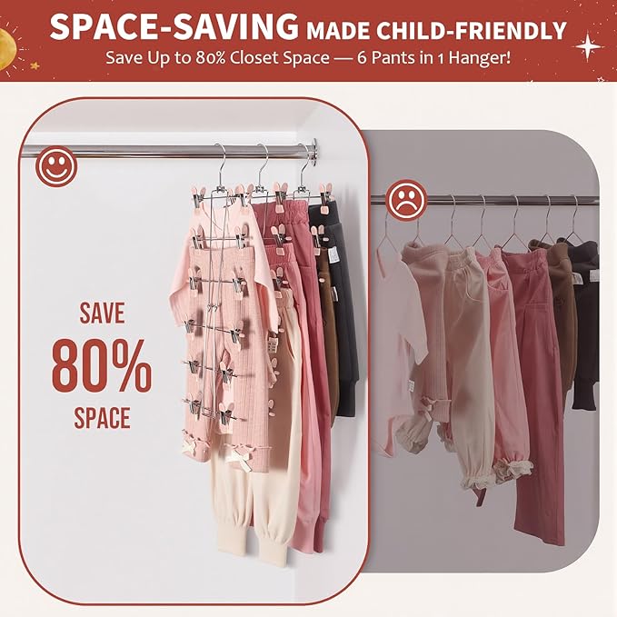 DOIOWN 6-Tier Baby Hangers with Clips - Space Saving Kids Pants Hangers for Babies & Kids Pant,Clothe,Adjustable Toddler Clothes Hanger for Newborn Children Closet Organization Pink 4Pack