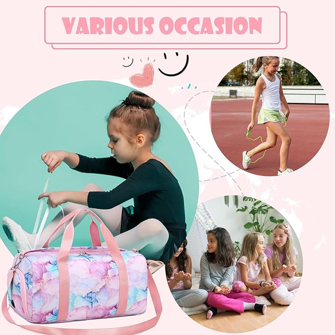 Dance Bag for Girls Gymnastics Ballet Bag Teens Gym Sports Bags Girls Overnight Sleepover Kids Duffle Bags with Shoe Compartments and Wet Pocket,Marble Pink