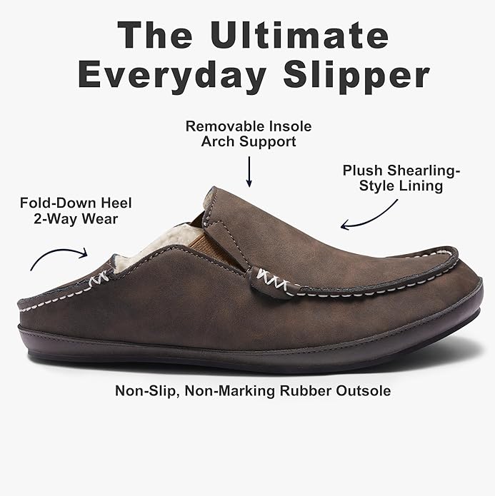 Men’s Premium Everyday Moccasin Slippers Crafted Leather Upper Plush Shearling-Style Lining Removable PU Arch Support Insole with Deep Heel Cup Non-Slip Non-Marking Rubber Sole Fold-Down Heel Indoor Outdoor