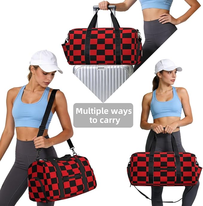 Sports Gym Bag Black Red Checkerboard Grid Travel Duffel Bag With Shoe Compartment Shoulder Strap, Lightweight Water-Resistant Weekend Overnight Totes For Women Men