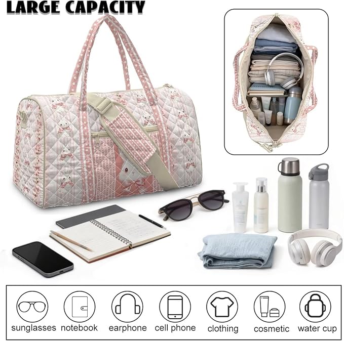 COEQINE Easter Tote Handbags for Women Quilted Gym Bag Pink Quilted Bunny Cute Animal Print Quilted Tote Bags with Shoulder Strap for Overnight Travel Weekender Tote Handbags