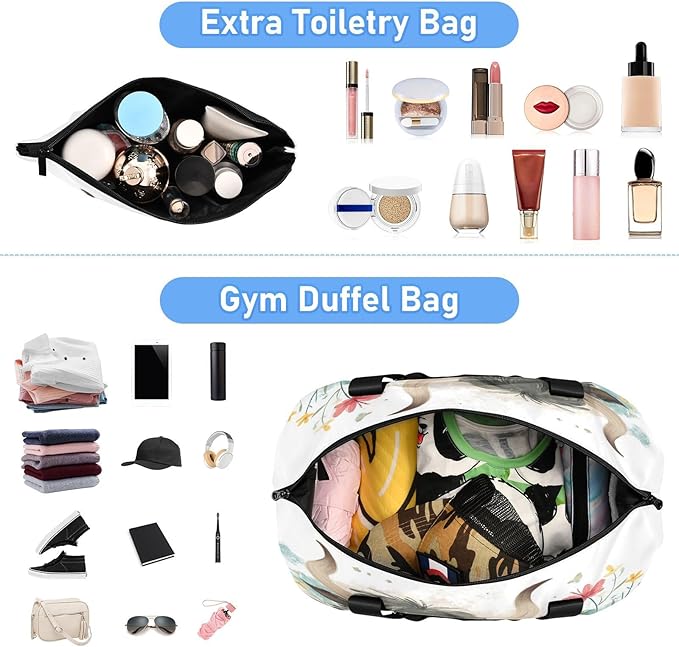 Travel Duffel Bags for Women Cute Gray Yak with Wildflowers Sports Duffel Bags Gym Bags with Shoes Compartment Tote Bag Weekender Bag for Travelling