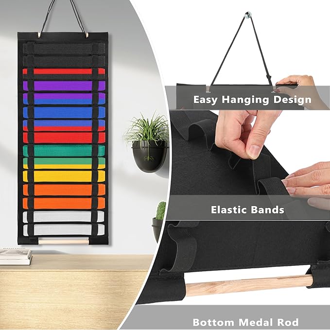 Karate Belt Display Rack, Taekwondo Belt Display Holder with Bamboo Medal Rack, Jiu Jitsu Belt Hanging Holder, Felt Martial Arts Belts Organizer for Taekwondo, Karate, BJJ Learners