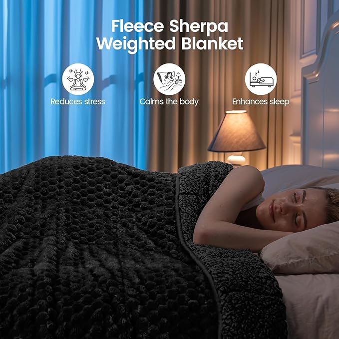 Super Soft Luxury Fleece Sherpa Weighted Blanket 15lbs for Adults, Turtle Shell Fluffy Cozy Warm Queen Size Weighted Throw, Ceramic Beads Washable Heavy Blankets for Couch Bed, Black, 60" x 80"