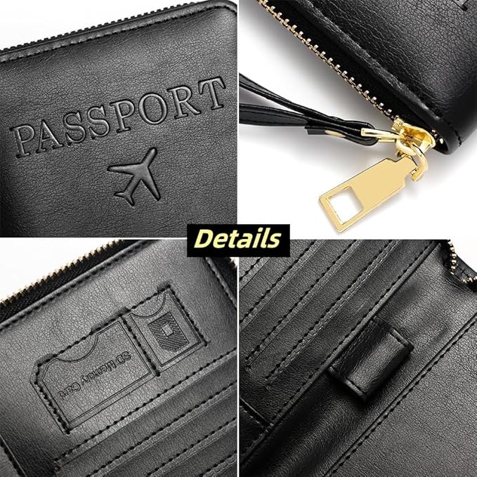 S-11 RFID Blocking Passport Holder Travel Wallet, Slim Zipper Card Case with ID Window, Boarding Pass Slot & Credit Card Organizer for Men and Women. (Black)