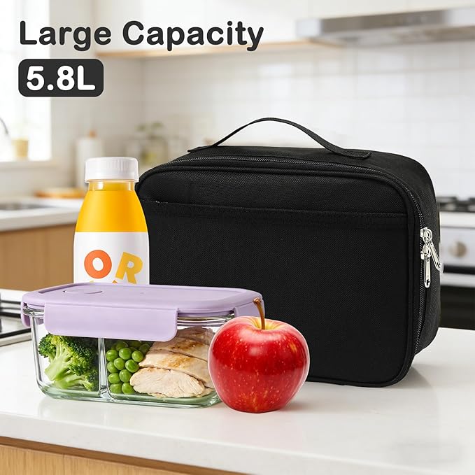 FlowFly Kids Lunch box Insulated Soft Bag Mini Cooler Back to School Thermal Meal Tote Kit for Girls, Boys, Black
