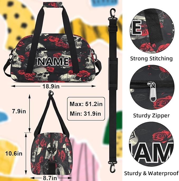 Gothic Sugar Skull Mini Gym Bag 18 inch for Women Men Waterproof Custom Skull Travel Duffel Bag Carry On Overnight Tote Nurse Bag for Work Fitness Hiking