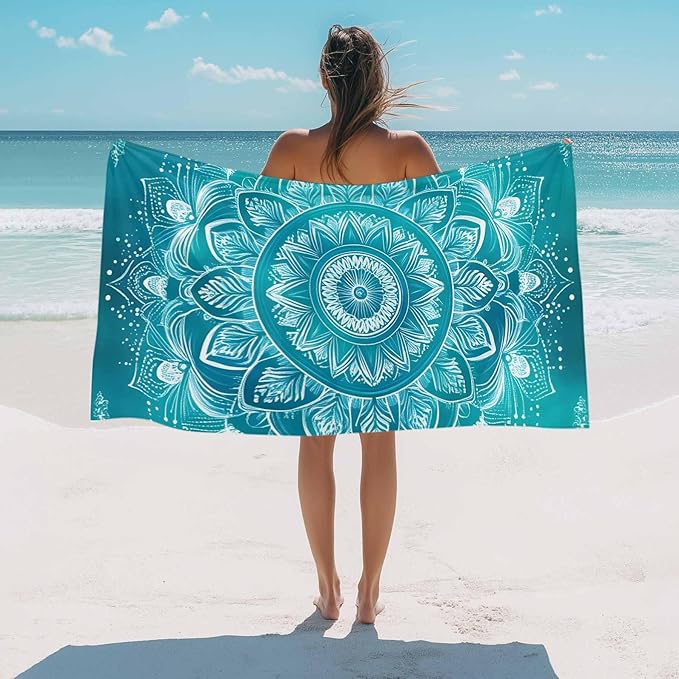 White Mandala Pattern Beach Towel 35" x 71" Teal Green Abstract Art Quick Dry Sand Free Pool Towels Soft & Absorbent Compact Towels Beach Accessories for Travel Bathroom Swimming Pool