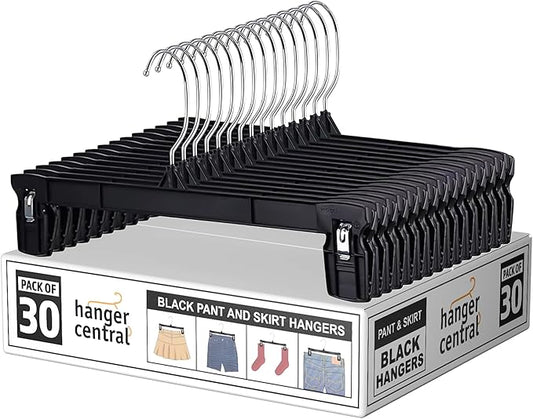 Hanger Central 30 Pack Pants Hangers – 10 Inch Slim Plastic Clothes Hangers with Clips for Skirts, Pants, Shorts – Heavy Duty Space Saving Non Slip Closet Organizer with Swivel Hook – Black