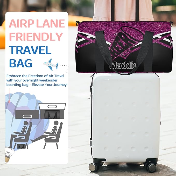 Personalized Travel Bag Cheerleading Team Name, Cheerleader Dance Bag Gym Weekender Bags Sports Tote Duffel Bag, DarkMagenta Purple Glitters