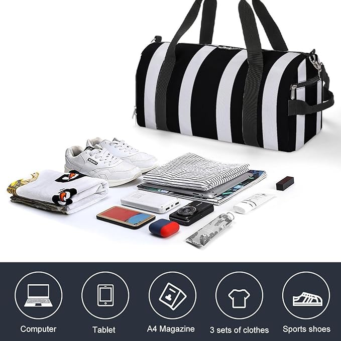 Stripes Black White Gym Bag Lightweight ，Travel Duffle Bag with Shoe Compartment，Gym Bag for Women for Overnight, Weekend, Yoga, Gym, Business Trips, Sport And Hospital.