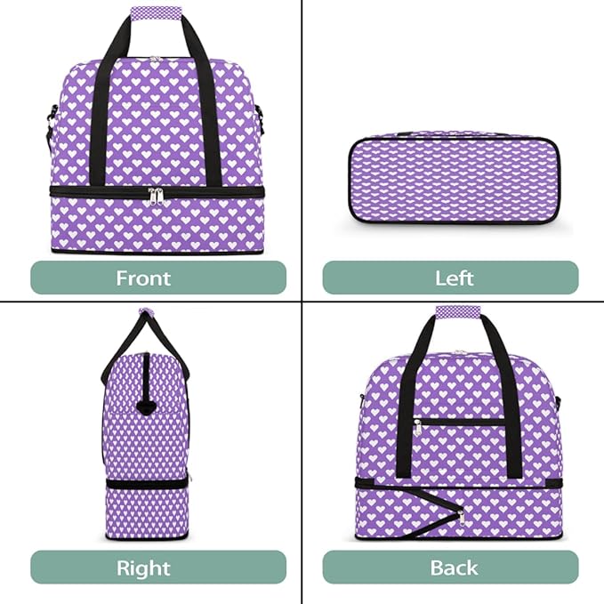 Purple White Love Heart Large Weekender Bag with Shoe Compartment Travel Duffel Bags for Women Carry On Hospital Overnight Bag Foldable Personal Item Travel Bags Tote Gym Sports Airplanes