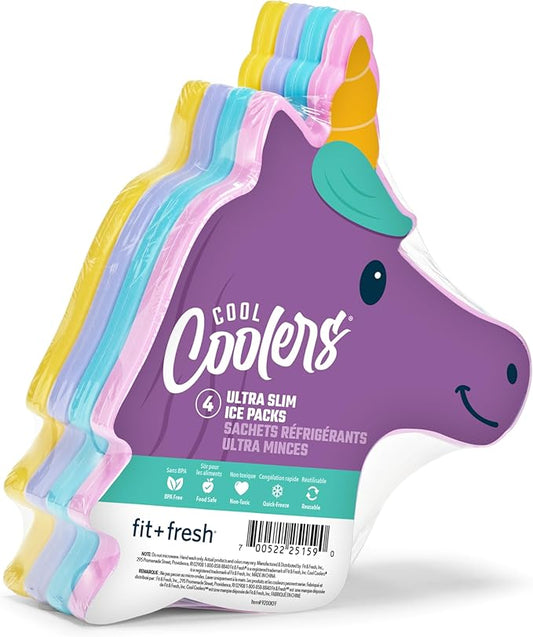 Cool Coolers by Fit & Fresh Kids Lunch Box Ice Packs, Slim Shaped Freezer Pack for Lunch Bags and Coolers 4 Pack Unicorn Multicolor Unicorn