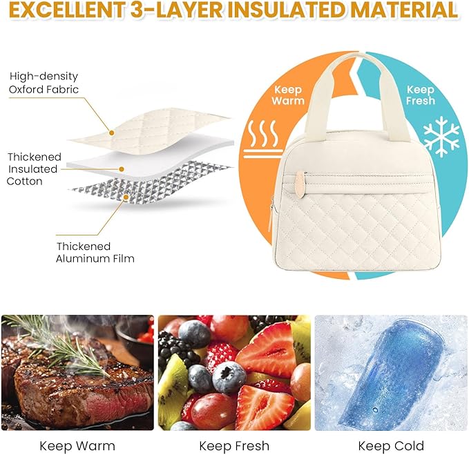 Insulated Lunch Bag for Women, Portable Lightweight Lunch Box for Adults, Reusable Small Lunch Tote Cooler Bags with Front Zipper Pocket for Work School Picnic(Beige)