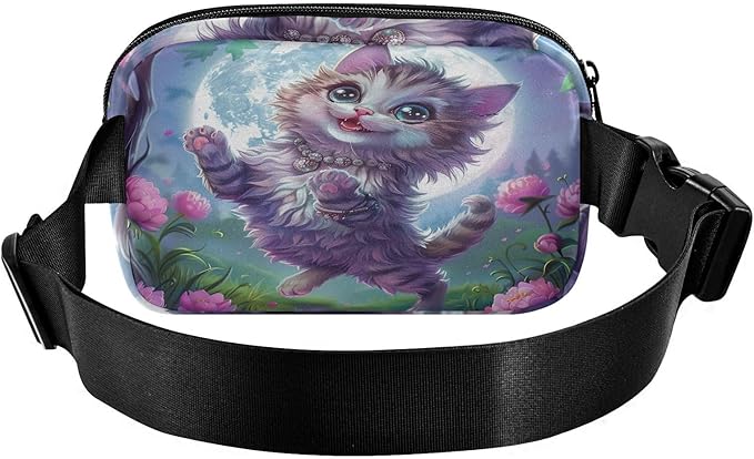 Cute Cat Flower Moonlight Fanny Pack for Women Men Water Resistant Fashion Waist Packs with Adjustable Strap Belt Bag for Travel Workout Jogging Hiking 21220557