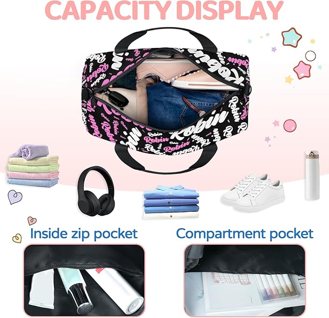 Custom-Dance-Gymnastics-Bag for Girls Personalized Kids Duffle Bag Cheerleader Team Bag for Travel Gym Sport Pink White