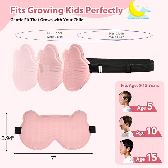 Kids Sleep Mask, 3D Sleeping Eye Mask for Kids with Adjustable Elastic Strap, Bear Shape Eye Cover with Memory Foam, Soft & Light-Blocking, Gift for Boys Girls Teens Age 5–15 (Pink)