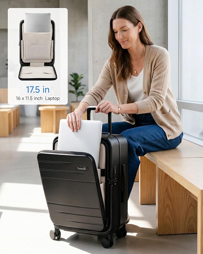 LUGGEX Carry On Luggage Top Opening & Front Opening, FLP Aluminum Frame Trunk Style Luggage with Front Laptop Pocket, Polycarbonate Hard Shell Suitcase (FX- Enhance, Blue, 21 Inch, 38L)