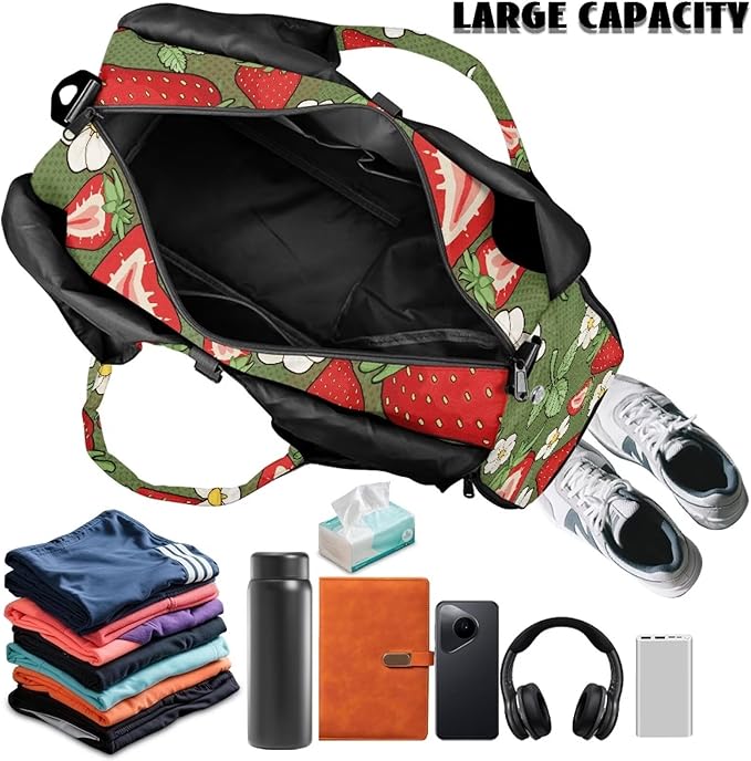 Strawberry Gym Bag with Shoe Compartment and Yoga Mat Holder, Waterproof Daisy Duffel Bag with Pockets Green Workout Bag for Men Fitness Workout Sports Bag