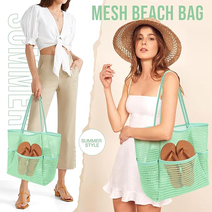 KPX Beach Bag with Mini Pocket, Beach Tote Bags for Women Large Foldable Mesh Swimming Pool Travel Bags - Sandproof