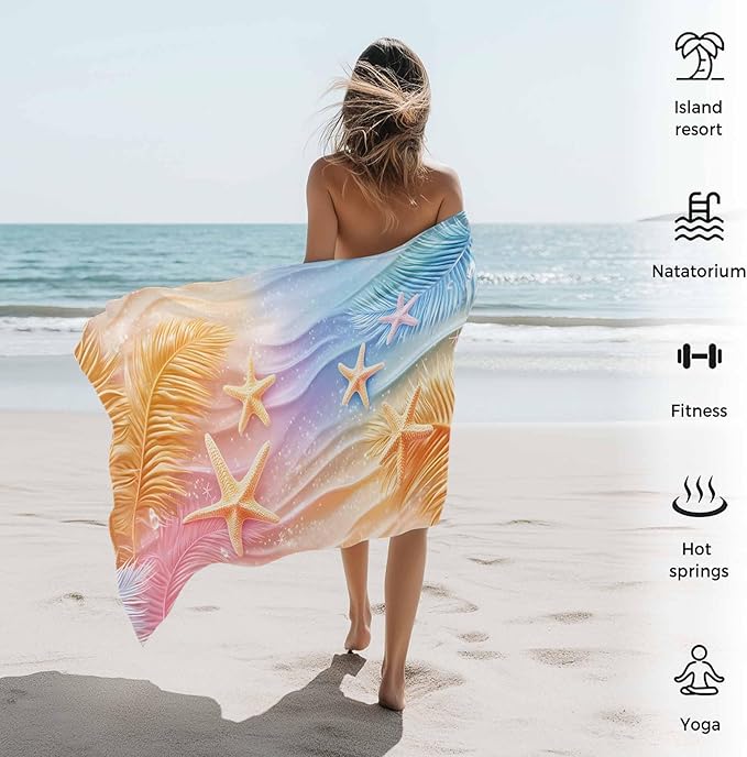 Summer Palm Leaves Beach Towel 30" x 60" Ocean Starfish Quick Dry Sand Free Pool Towels Dreamy Gradient Soft & Absorbent Compact Towels Beach Accessories for Travel Bathroom Swimming Pool