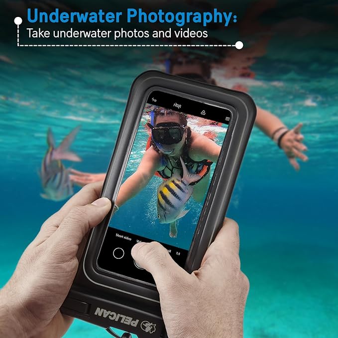 Pelican Marine - IP68 Waterproof Phone Pouch (Regular Size) Floating Waterproof Phone Case - Beach Cruise Ship Travel Essentials - Works with All Phones - Detachable Lanyard - Black