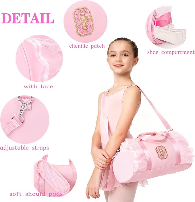 Personalized Dance Bag for Girl | Small Initial Gym Sport Yoga Cheer Duffle Bags Gift for Teen Girls | Chenille Letter Kids Ballet Bag Preppy Stuff Toddler Girl Birthday Gift (Pink V, SMALL)